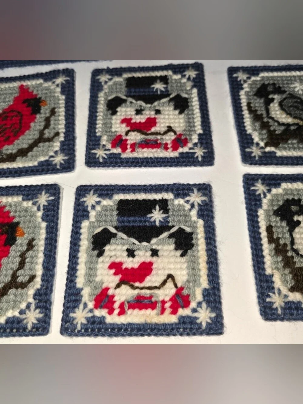 Vintage Mary Maxim Let It Snow Coasters and Holder Plastic Canvas Handmade